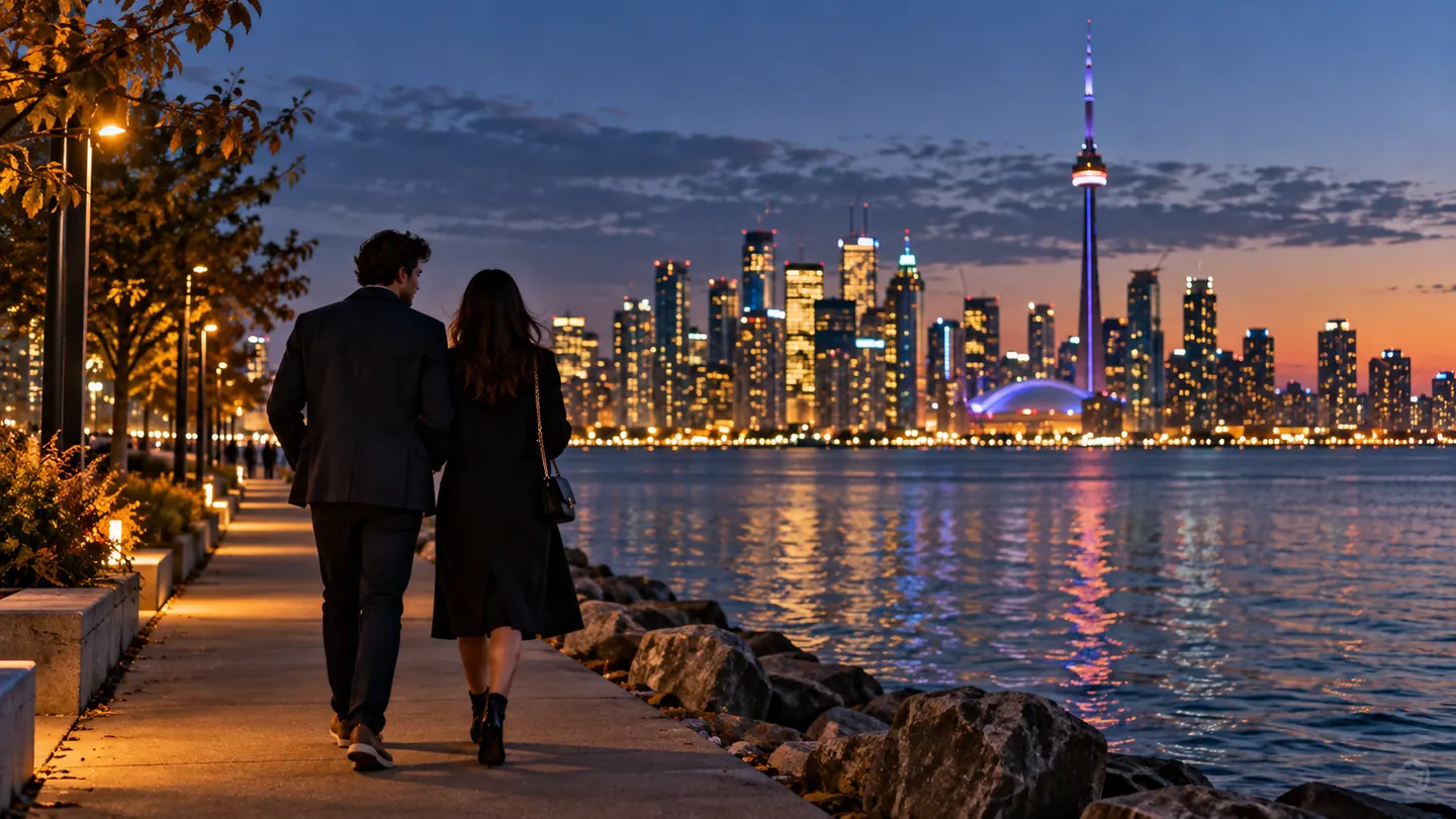 Couple walking beside the Toronto waterfront skyline at dusk