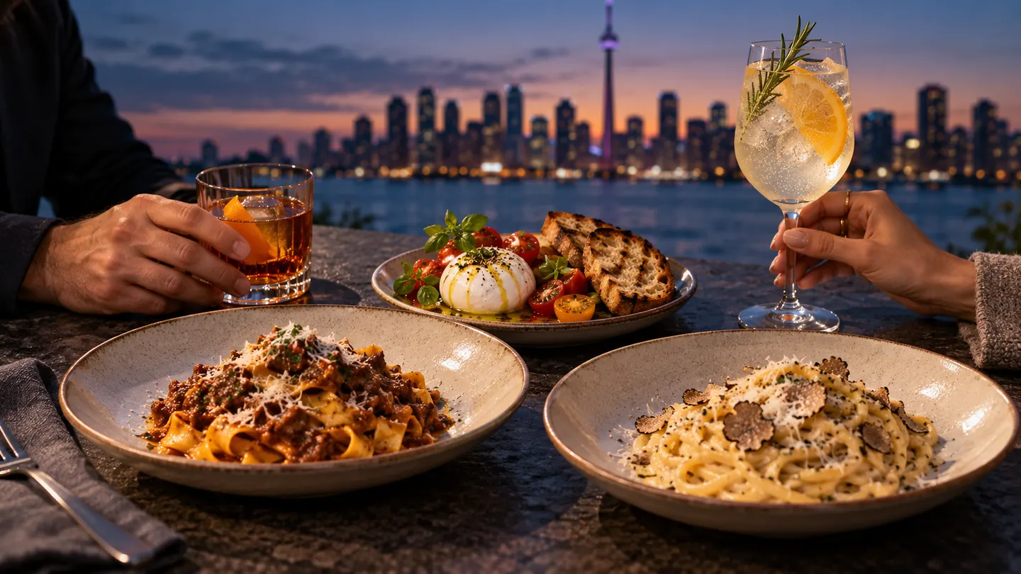 Conceptual pasta dinner with two different drinks against a Toronto evening skyline
