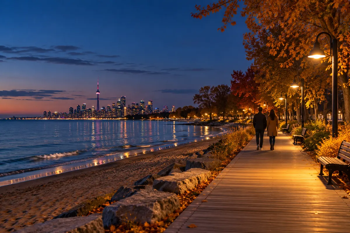 Two people walking beside Lake Ontario under warm evening lights