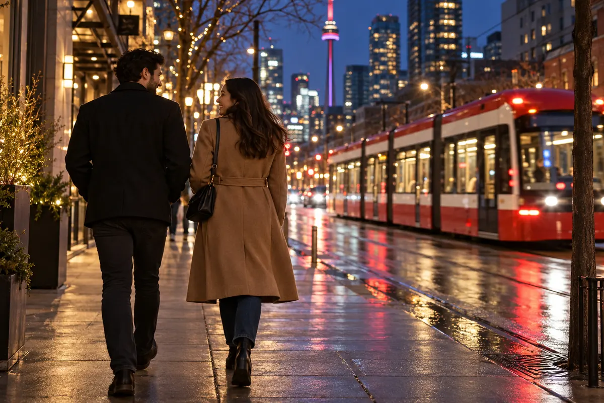 Two people walking by a red Toronto streetcar after sunset